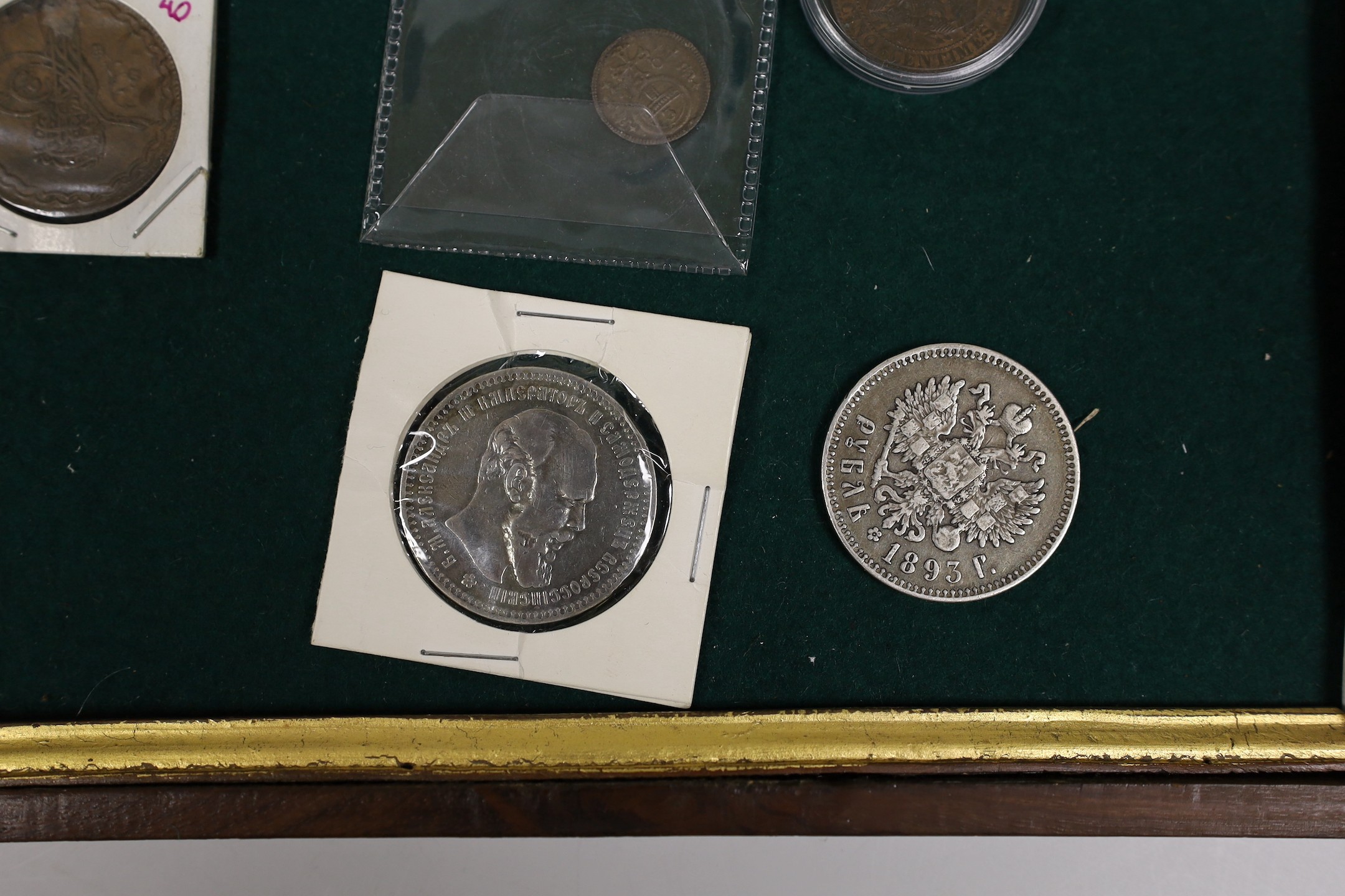 World coins - British-India, George V, 1 Rupee, (1911) Pig elephant, UNC, two U.S. one cent planchet die errors, U.S. quarter dollar 1932, Russia 1 rouble 1894, near VF, a Tectosages AR cross coin, European medieval coin